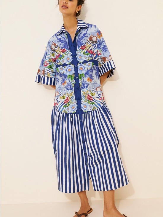 FARM Rio Dresses & Skirts - FARM Rio 100% COTTON Blue Floral & Stripe Maxi Shirt Dress
